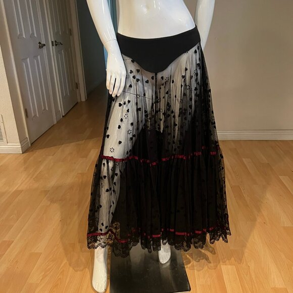 VINTAGE BETSEY JOHNSON PUNK LABEL FLOCKED HEARTS SHEER MAXI TULLE SKIRT ONE SIZE - Picture 3 of 7
